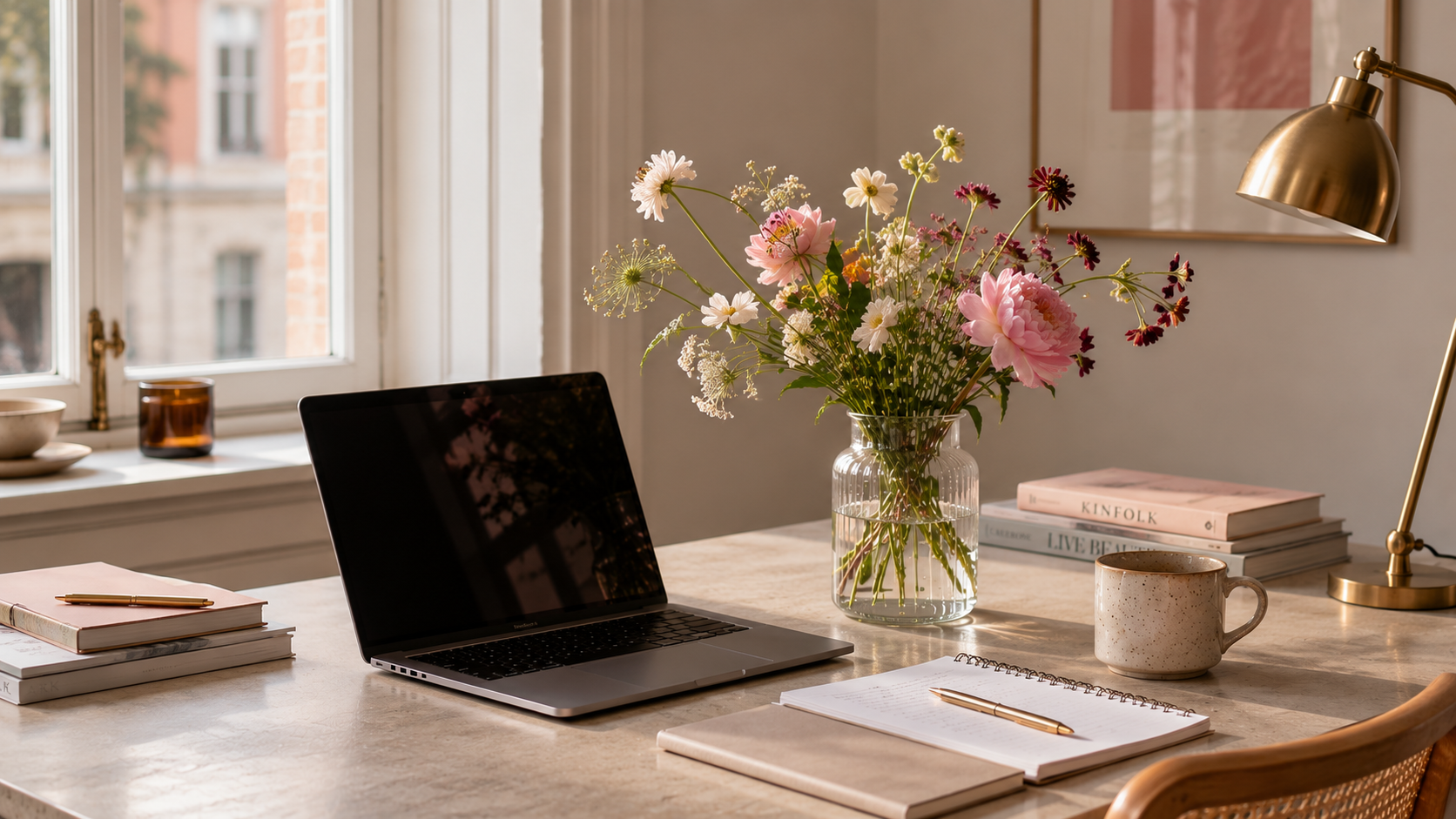 Skrivbord med laptop, blommor och anteckningsblock i varmt ljus
